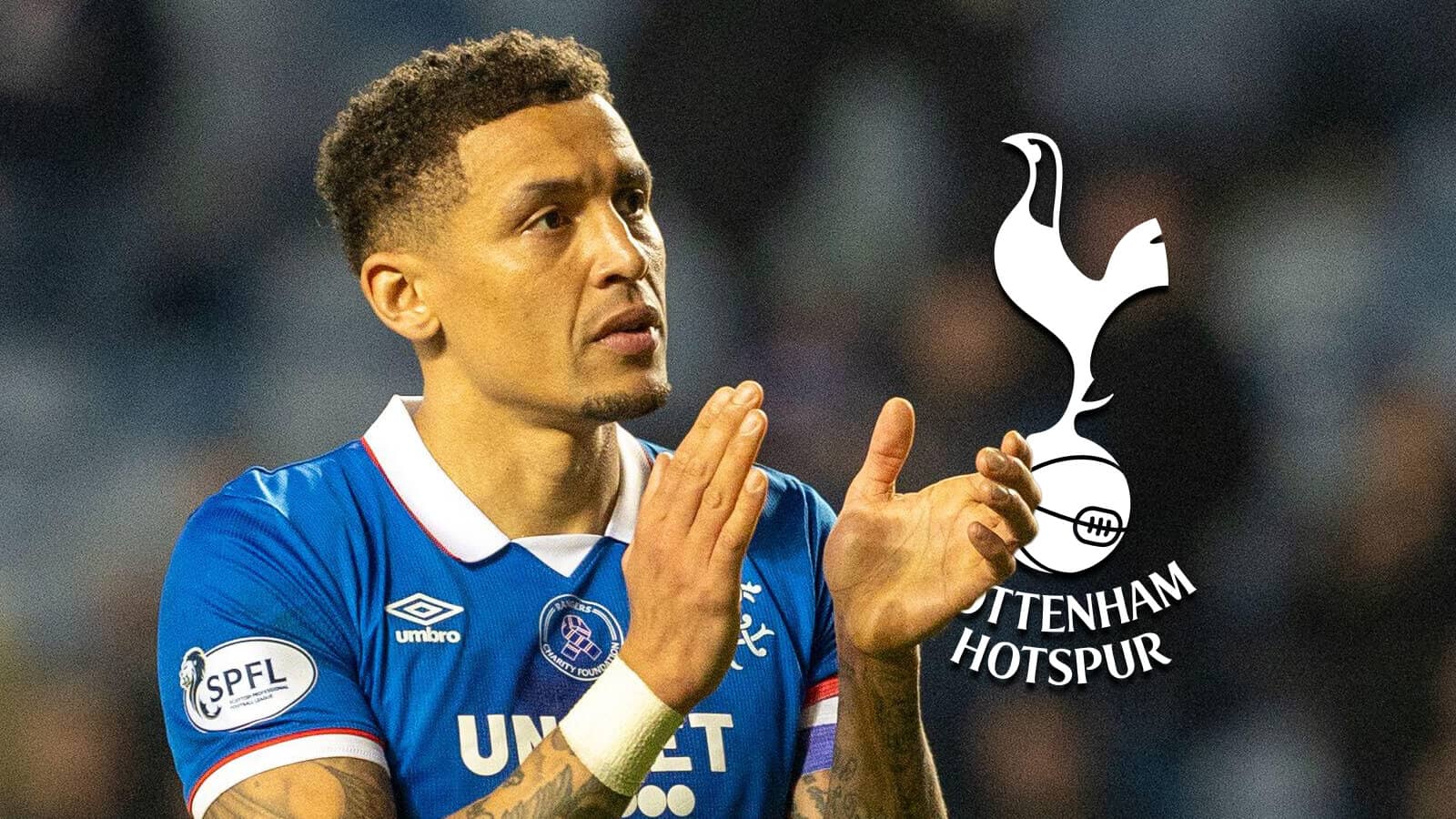 Rangers star James Tavernier with a Tottenham badge