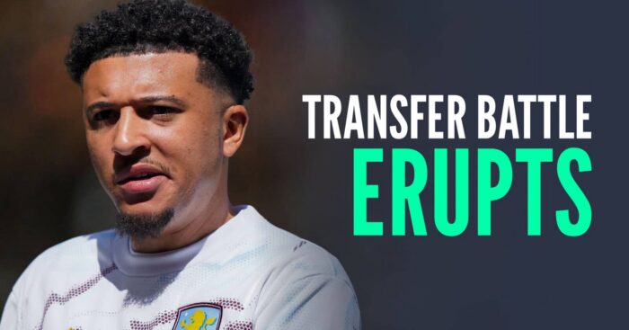 Aston Villa loanee and Man Utd flop Jadon Sancho next to the words 'transfer battle erupts'