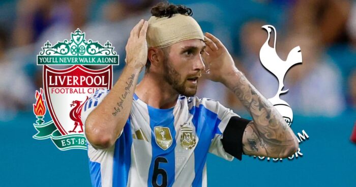 Bournemouth's Argentina international defender Marcos Senesi next to the Liverpool and Tottenham Hotspur badges