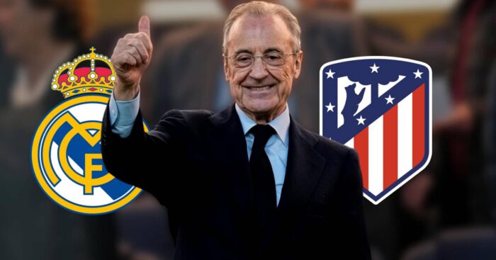 Florentino Perez with Real Madrid and Atletico Madrid badges