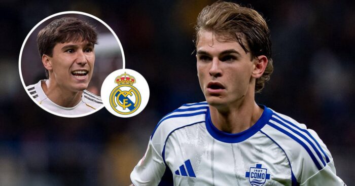 Gonzalo Garcia, Real Madrid badge and Como star Nico Paz - copyright TEAMtalk