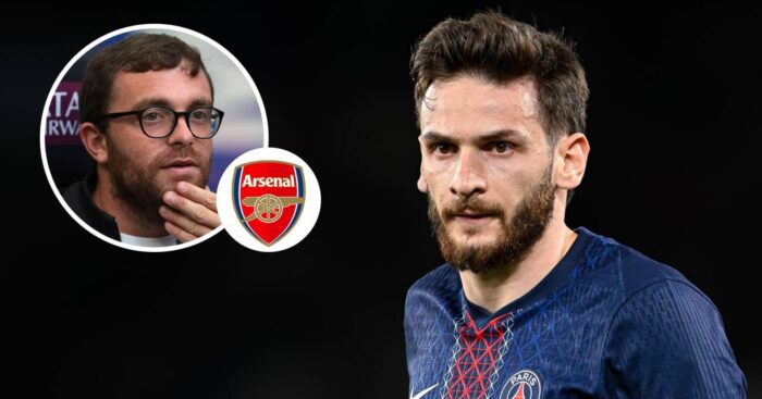 Fabrizio Romano, Arsenal badge and PSG winger Khvicha Kvaratskhelia - copyright TEAMtalk