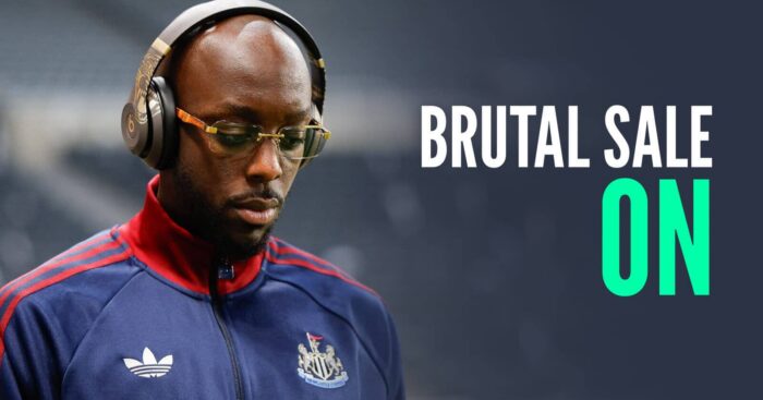 Newcastle United striker Yoane Wissa next to the words 'brutal sale on'