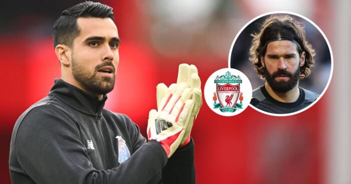FC Porto goalkeeper Diogo Costa and, inset, Liverpool goalkeeper Alisson Becker next to the club badge