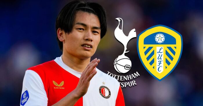 Feyenoord striker Ayase Ueda with Tottenham and Leeds badges