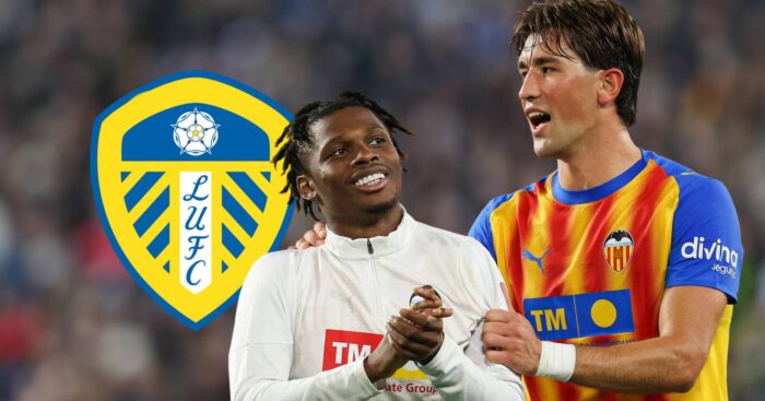 Valencia loanee Largie Ramazani, seen here with Valencia teammate Jesus Vazquez, next to the Leeds United badge