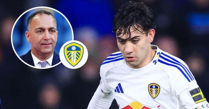 Leeds loanee Facundo Buonanotte next to club chairman Paraag Marathe, inset, and the Leeds United badge