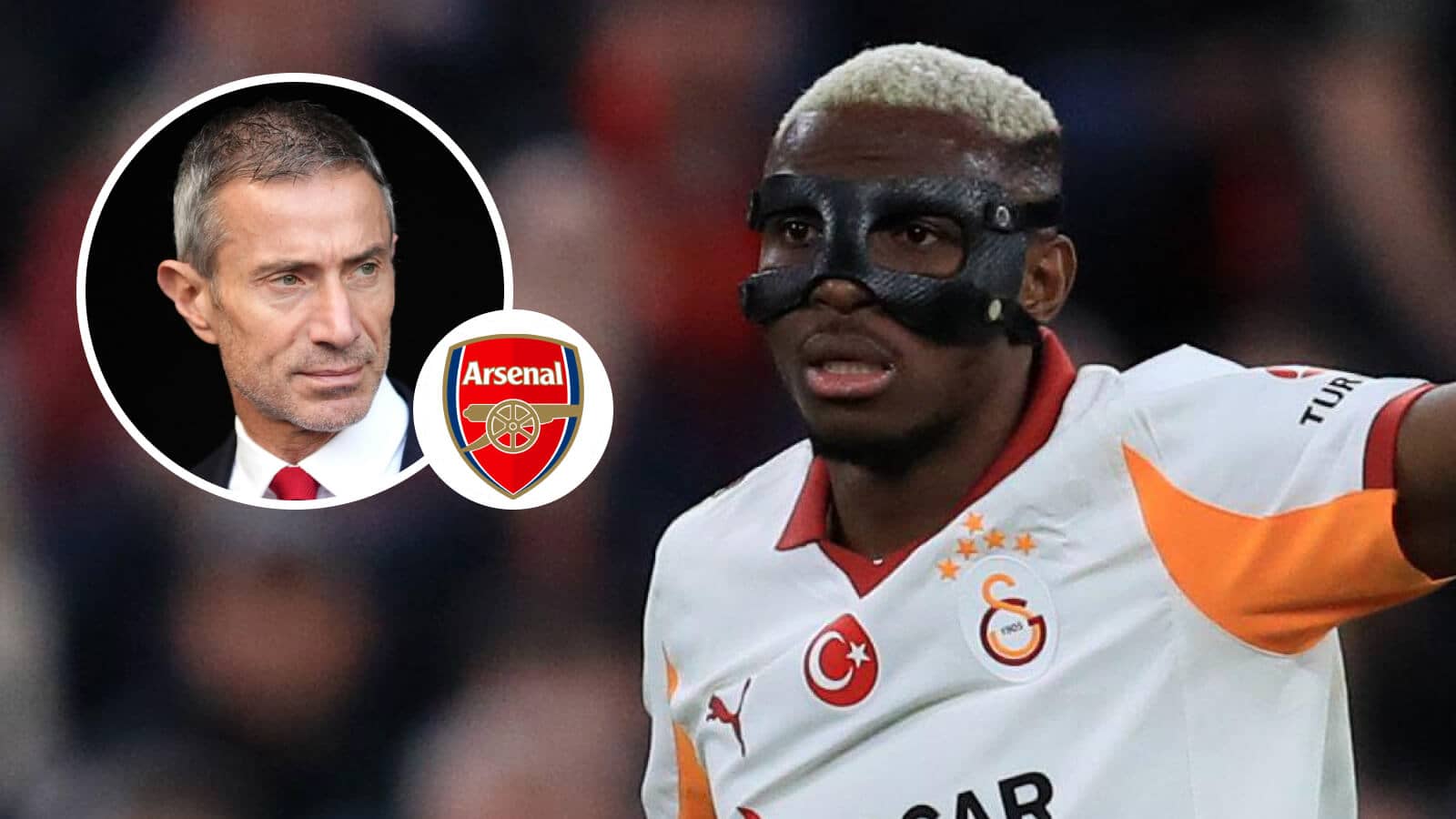 Andrea Berta, Arsenal badge and Galatasaray striker Victor Osimhen - copyright TEAMtalk