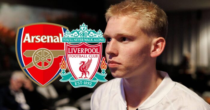 Eirik Granaas with Liverpool and Arsenal badges