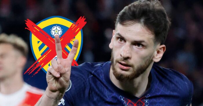 PSG star Khvicha Kvaratskhelia next to the Leeds United badge with a big cross through it