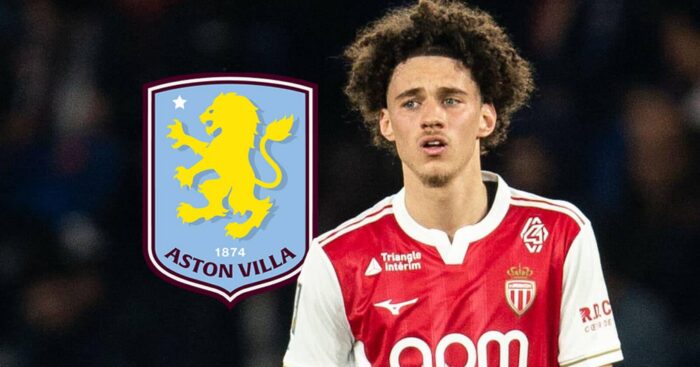 Monaco star Maghnes Akliouche with an Aston Villa badge