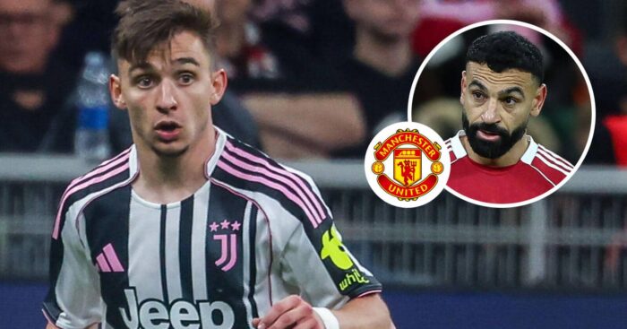 Juventus star Francisco Conceicao and Liverpool icon Mo Salah, with a Man Utd badge