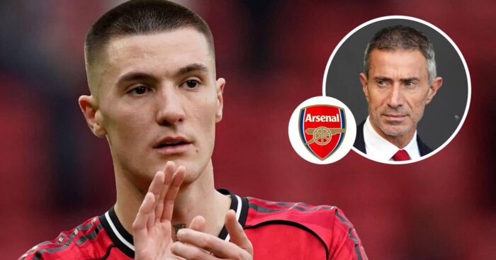 Manchester United striker Benjamin Sesko, Arsenal badge and Andrea Berta - copyright TEAMtalk
