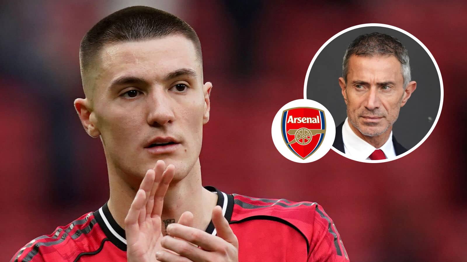Manchester United striker Benjamin Sesko, Arsenal badge and Andrea Berta - copyright TEAMtalk