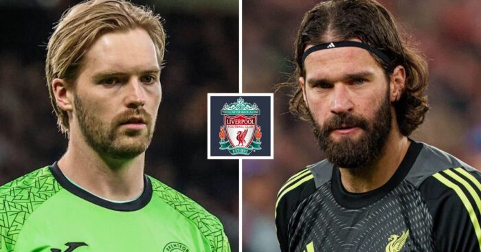 Brentford goalkeeper Caoimhin Kelleher and Liverpool stopper Alisson Becker either side of the Liverpool badge