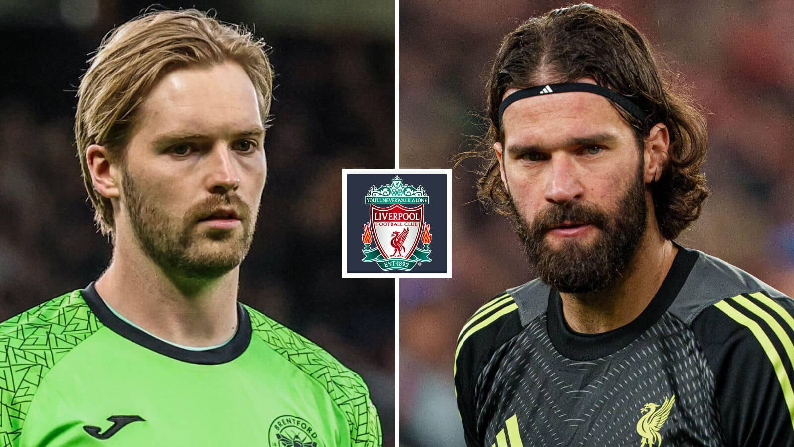 Brentford goalkeeper Caoimhin Kelleher and Liverpool stopper Alisson Becker either side of the Liverpool badge