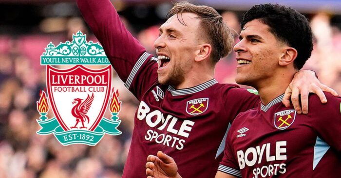 West Ham pair Jarrod Bowen and Mateus Fernandes next to the Liverpool FC club crest