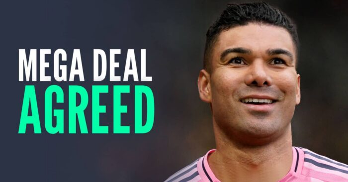 Departing Man Utd star Casemiro with an Interv Miami shirt Photoshopped on him and the words 'mega deal agreed'
