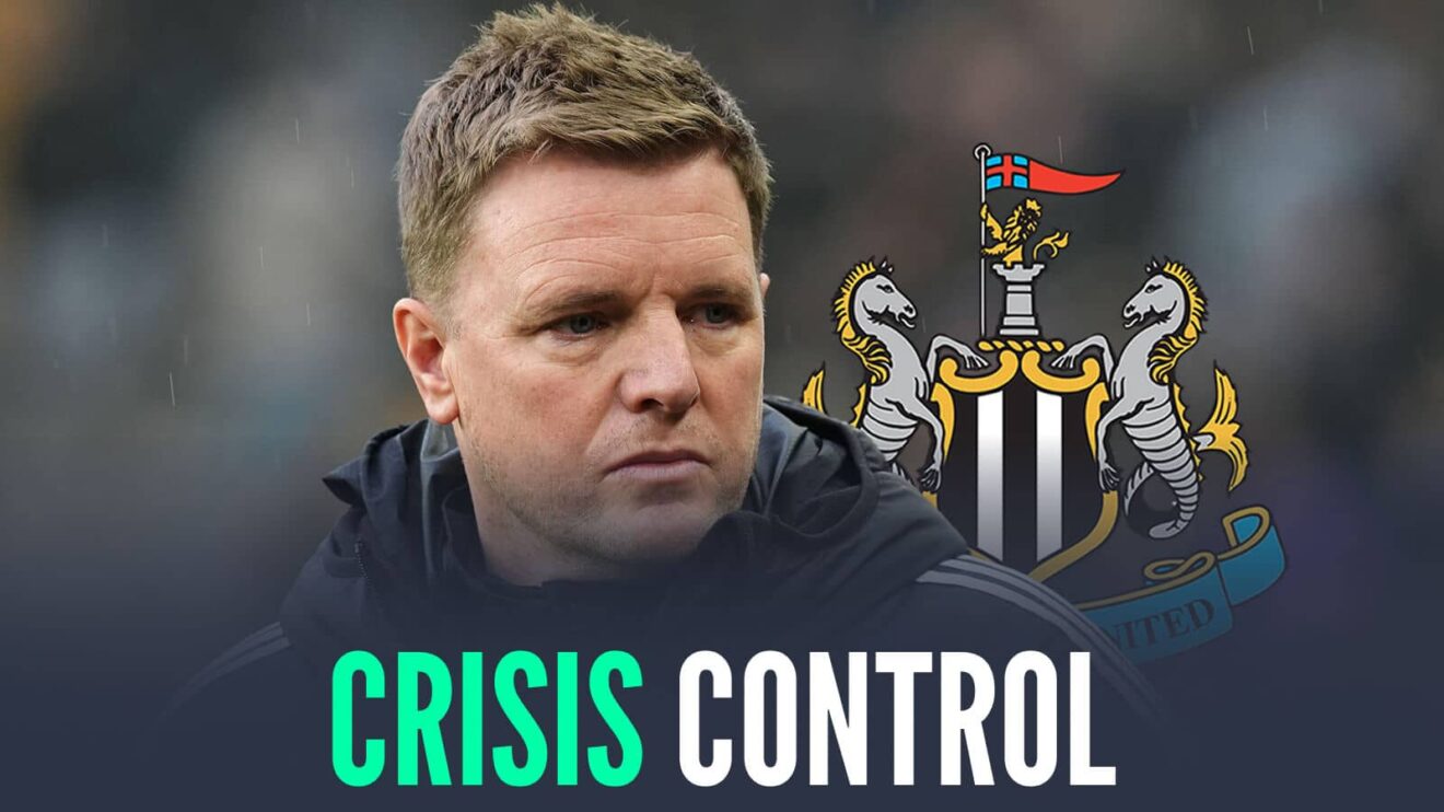 Eddie Howe next to the Newcastle United badge and the words 'crisis control'