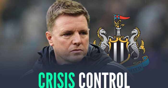 Eddie Howe next to the Newcastle United badge and the words 'crisis control'