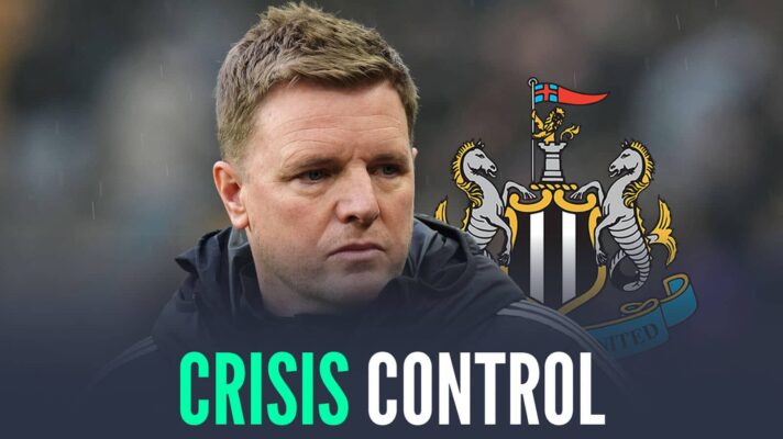 Eddie Howe next to the Newcastle United badge and the words 'crisis control'