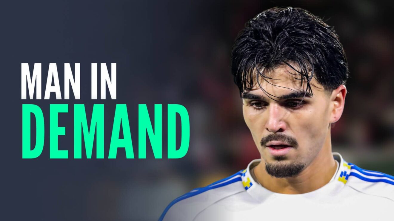 Leeds United star Pascal Struijk next the words 'man in demand'