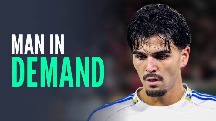 Leeds United star Pascal Struijk next the words 'man in demand'