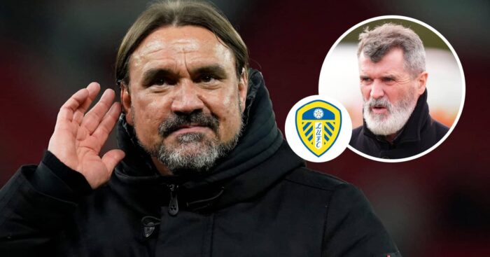 Leeds manager Daniel Farke and, inset, Man Utd legend Roy Keane next to the Leeds United badge