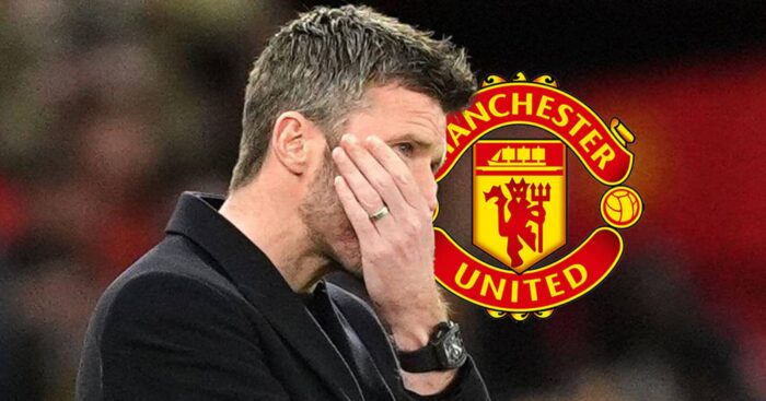 Manchester United interim boss Michael Carrick next to the Manchester United badge
