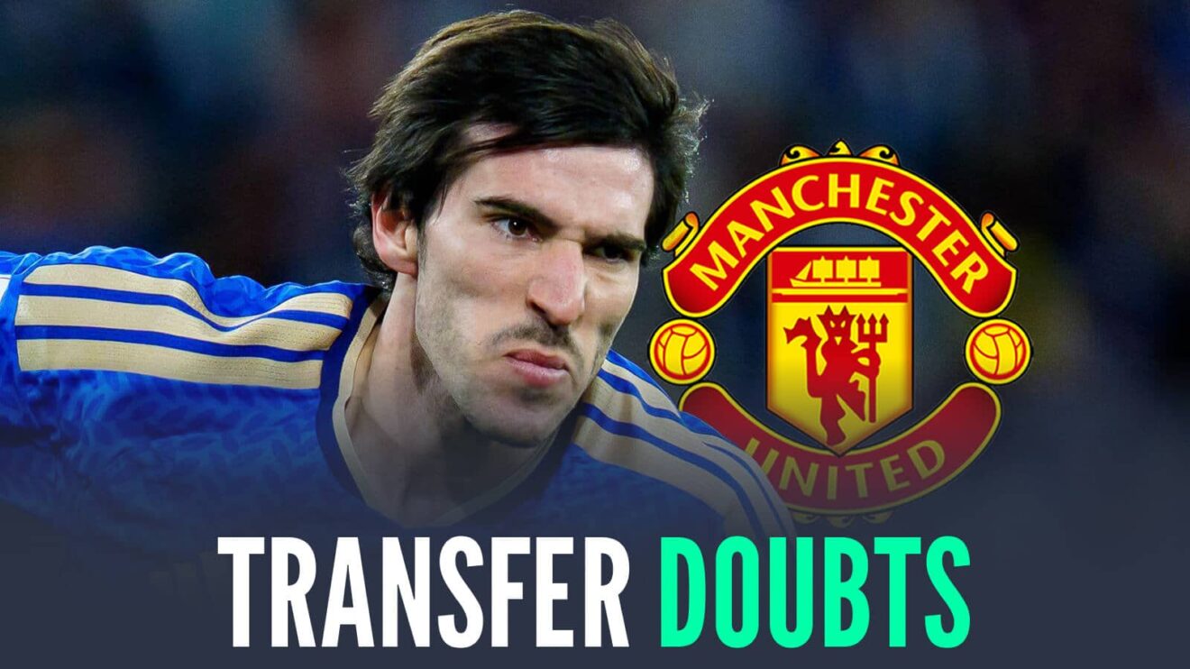 Newcastle and Italy midfielder Sando Tonali next to the Manchester United badge and the words 'transfer doubts'