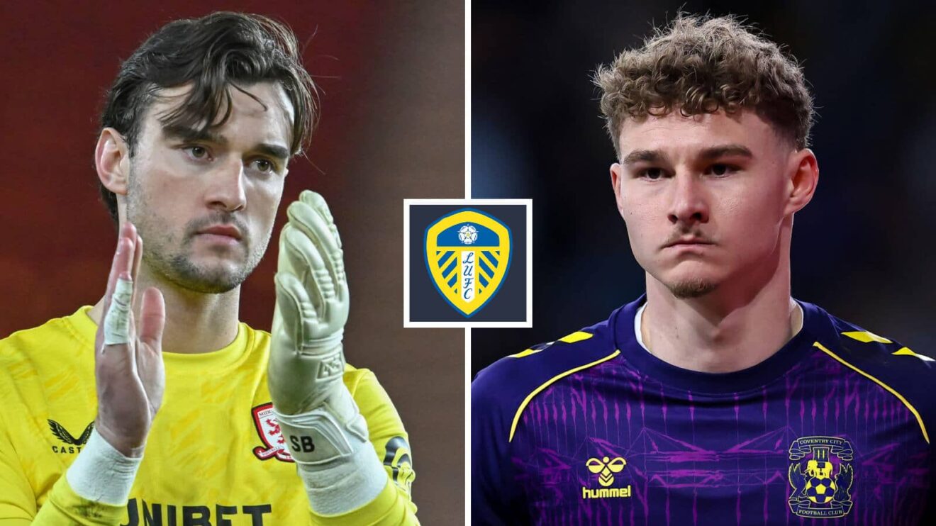 Middlesbrough goalkeeper Sol Brynn and Carl Rushworth, shining on loan at Coventry, next to the Leeds United badge