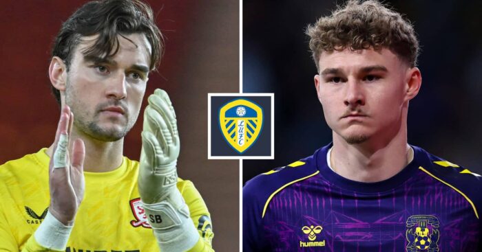 Middlesbrough goalkeeper Sol Brynn and Carl Rushworth, shining on loan at Coventry, next to the Leeds United badge
