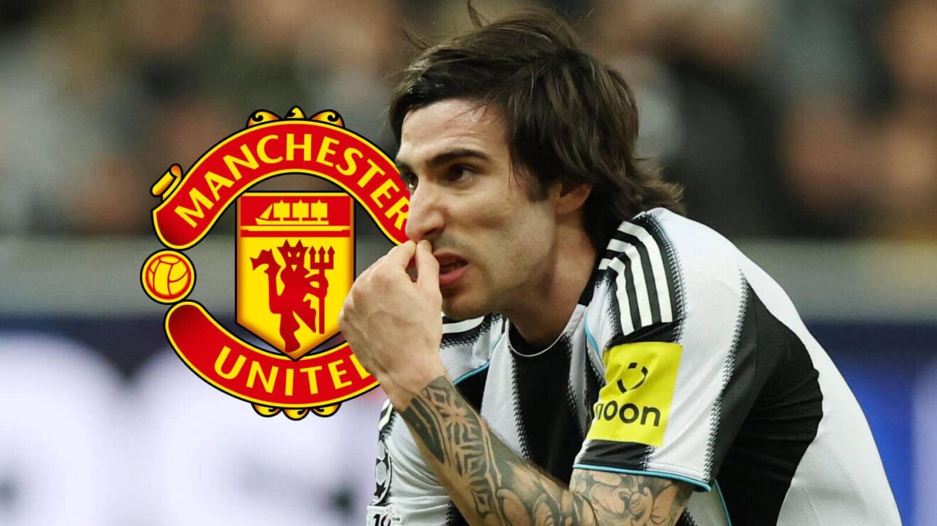 Newcastle United midfielder Sandro Tonali next to the Manchester United badge