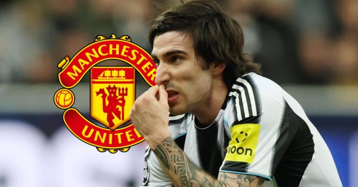 Newcastle United midfielder Sandro Tonali next to the Manchester United badge