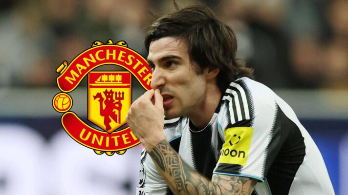 Newcastle United midfielder Sandro Tonali next to the Manchester United badge