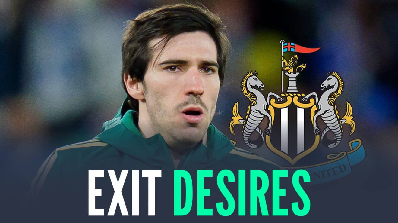 Newcastle midfielder Sandro Tonali next to the club badge and the words 'exit desires'