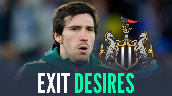 Newcastle midfielder Sandro Tonali next to the club badge and the words 'exit desires'
