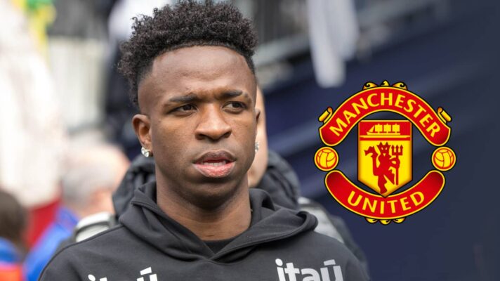 Real Madrid star Vinicius Junior, with a Manchester United badge