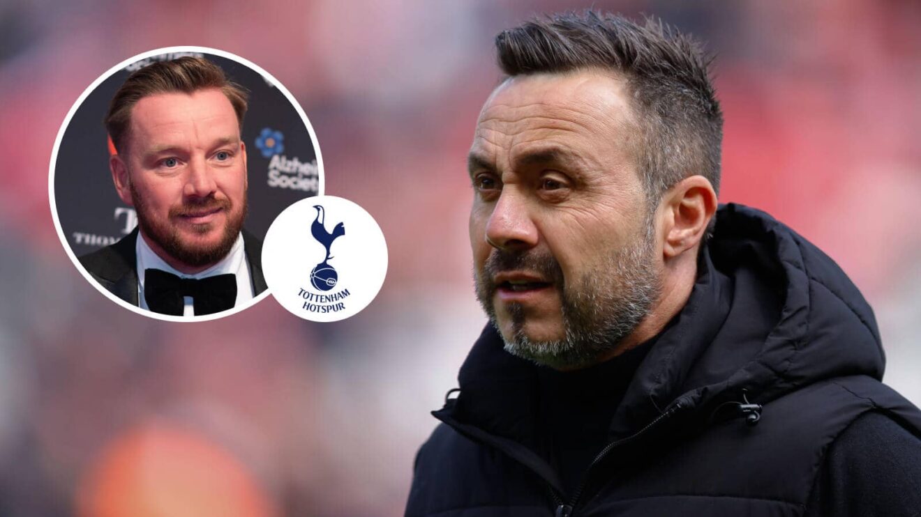 Tottenham Hotspur maanger Roberto De Zerbi next to the club badge and, inset, pundit, Jamie O'Hara