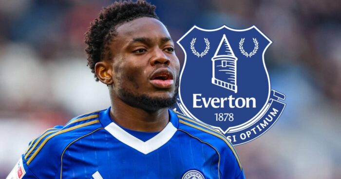 Leicester City star Abdul Fatawu, with an Everton badge