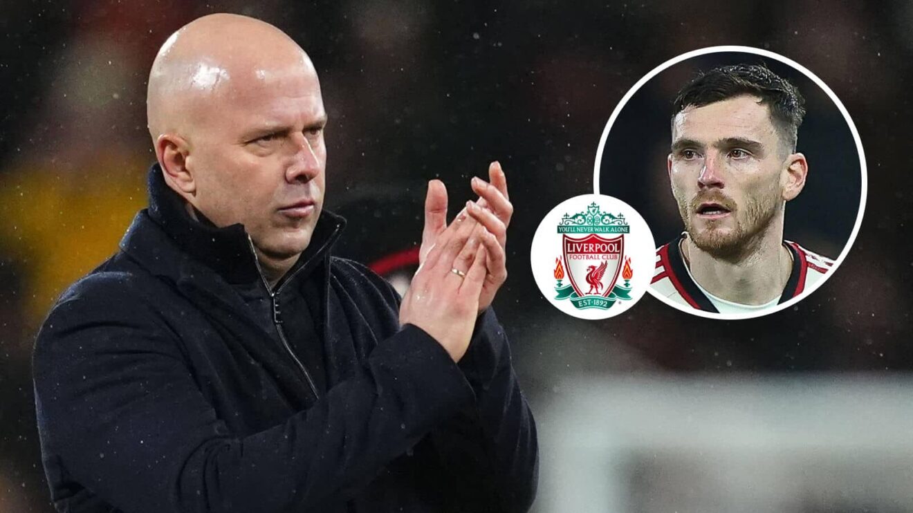 Liverpool manager Arne Slot, Liverpool badge and Andy Robertson - copyright TEAMtalk