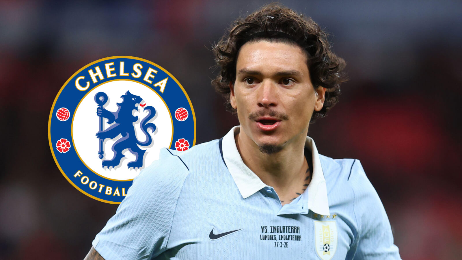 Darwin Nunez with a Chelsea badge