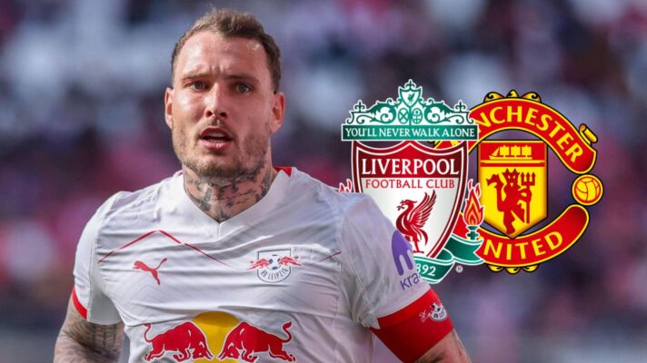 RB Leipzig star David Raum with Liverpool and Manchester United badges