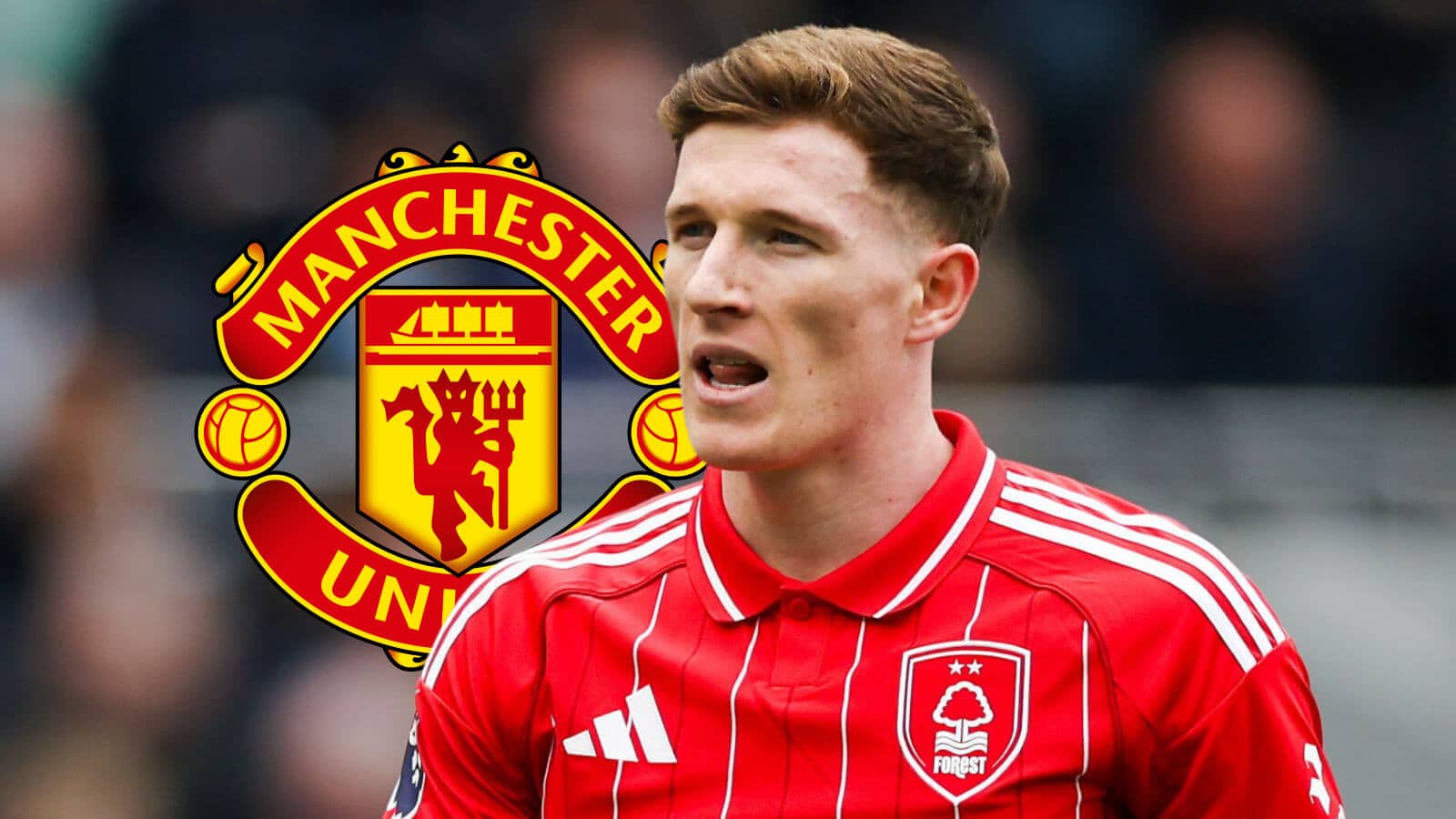 Elliot Anderson with a Manchester United badge