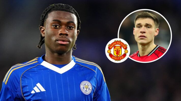 Leicester City winger Jeremy Monga, Manchester United badge and Manuel Ugarte - copyright TEAMtalk