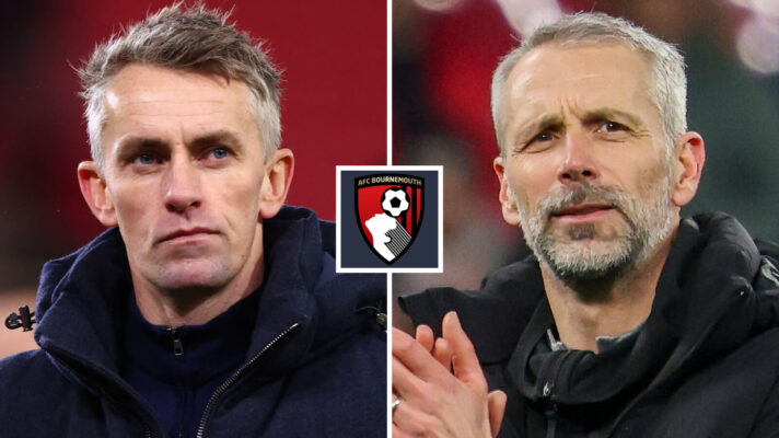 Kieran McKenna and Marco Rose, with a Bournemouth badge