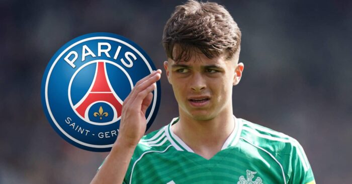 Newcastle star Lewis Miley, with a PSG badge