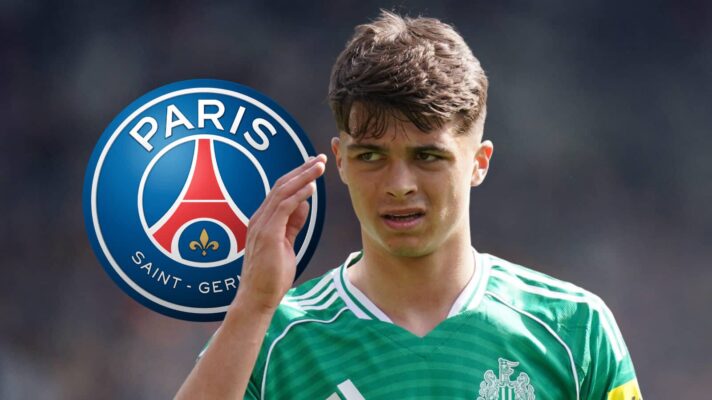 Newcastle star Lewis Miley, with a PSG badge