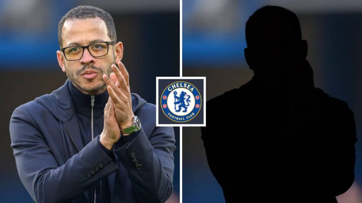 Split image of Chelsea manager Liam Rosenior and a shadow with the Chelsea badge in between - copyright TEAMtalk