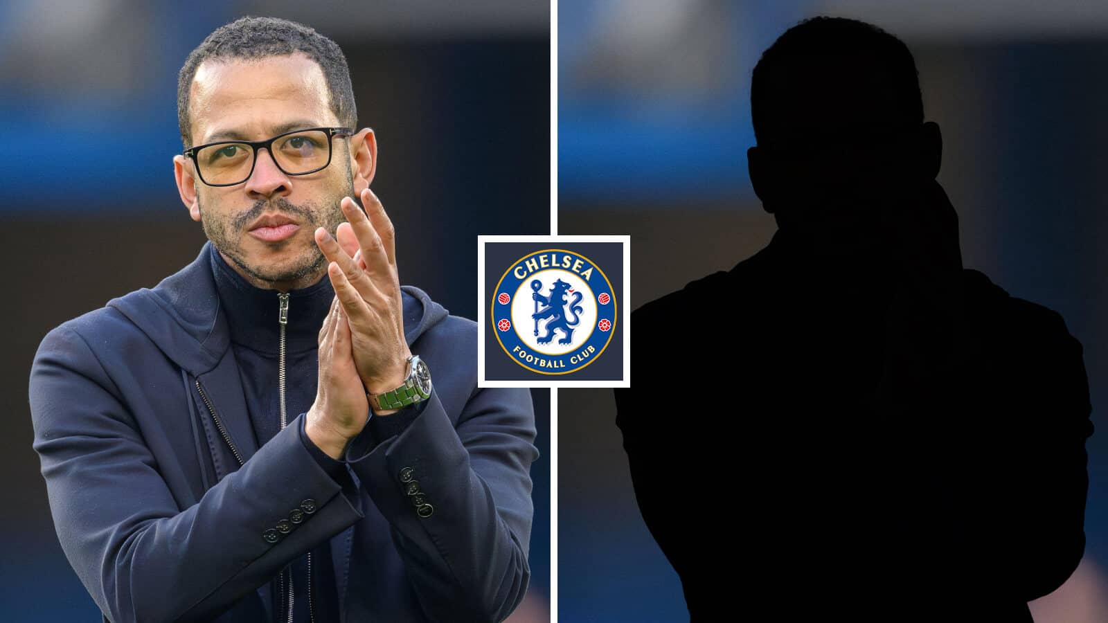 Split image of Chelsea manager Liam Rosenior and a shadow with the Chelsea badge in between - copyright TEAMtalk